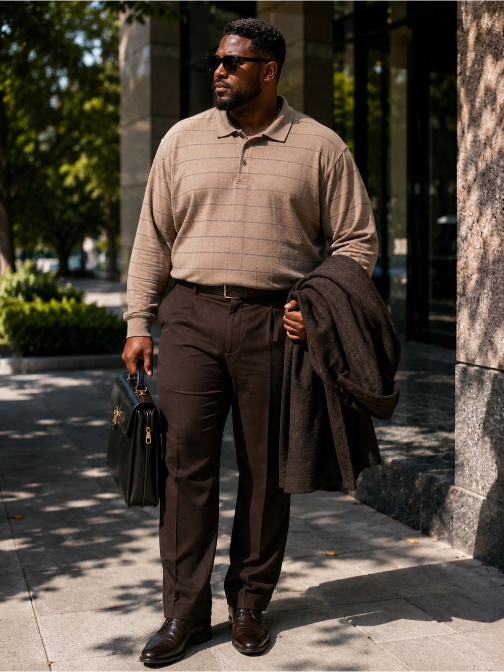 Arrow Tan Long Sleeve Polo Shirt - Beige Windowpane Big & Tall